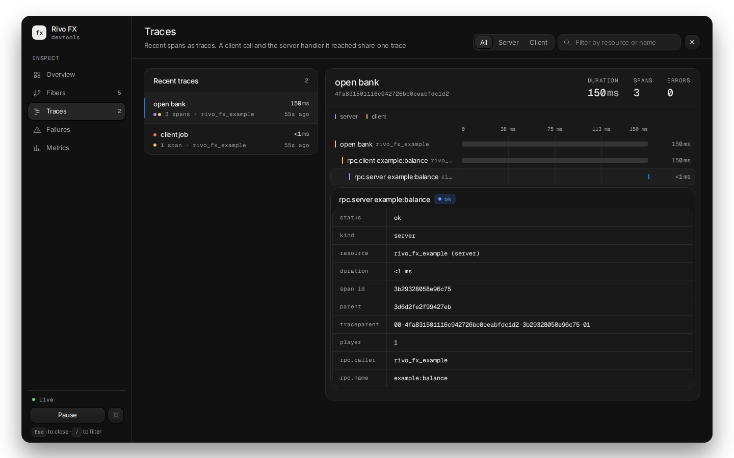 A client RPC and its server handler as one trace in /fxdev
